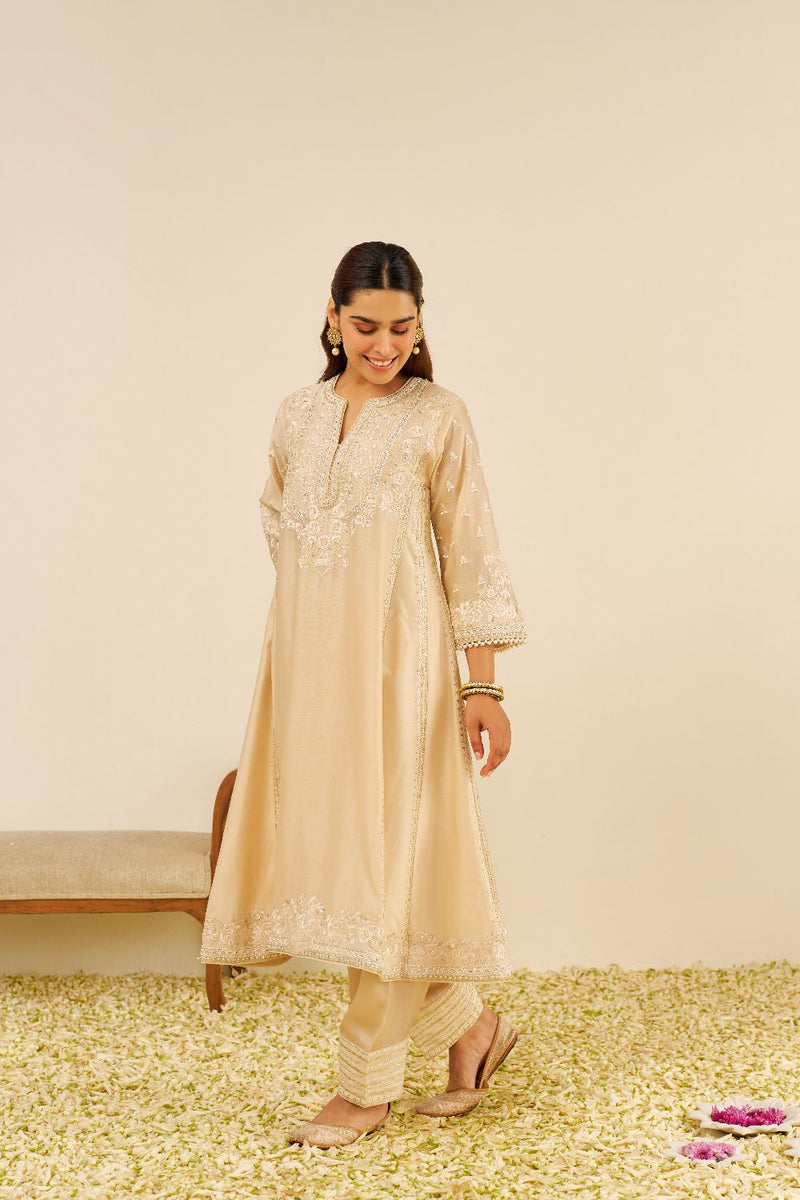 Maaroofa - Long Chauga With Salwar-Beige silk by SHEETAL BATRA in beige color for women Worldwide