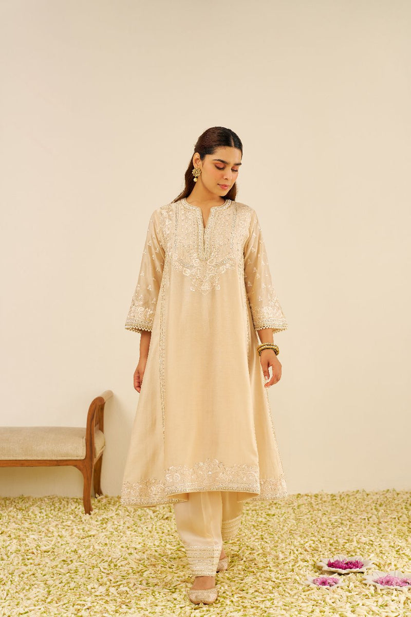 Maaroofa - Long Chauga With Salwar-Beige silk by SHEETAL BATRA in beige color for women Worldwide