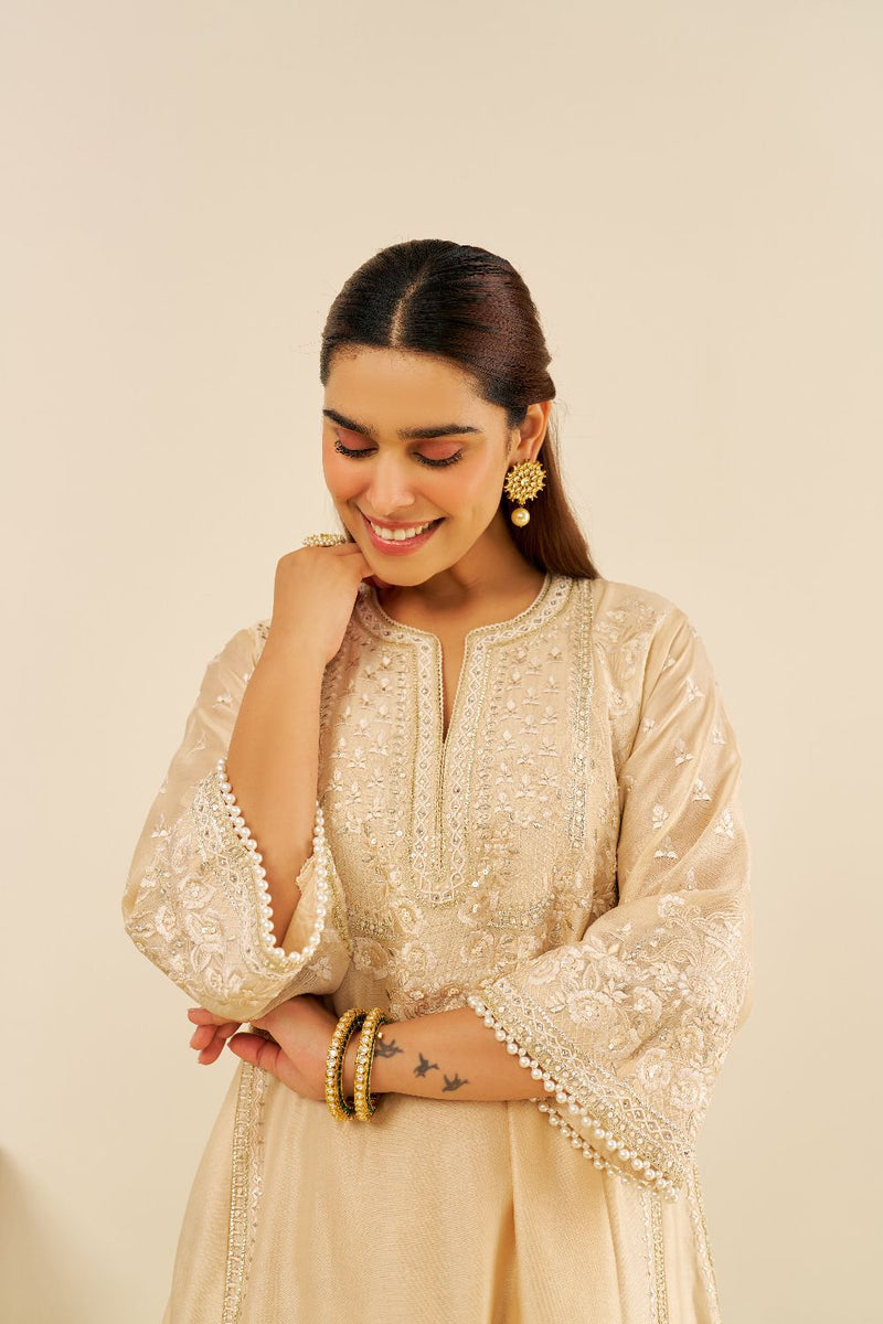 Maaroofa - Long Chauga With Salwar-Beige silk by SHEETAL BATRA in beige color for women Worldwide