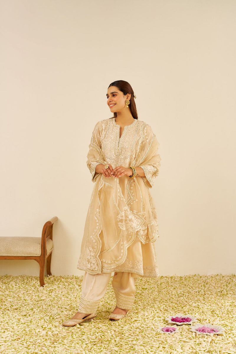 Maaroofa - Long Chauga With Salwar-Beige silk by SHEETAL BATRA in beige color for women Worldwide