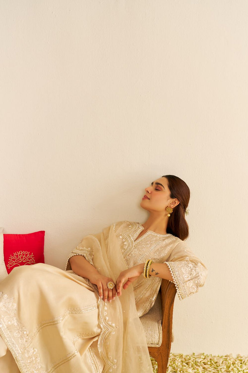 Maaroofa - Long Chauga With Salwar-Beige silk by SHEETAL BATRA in beige color for women Worldwide