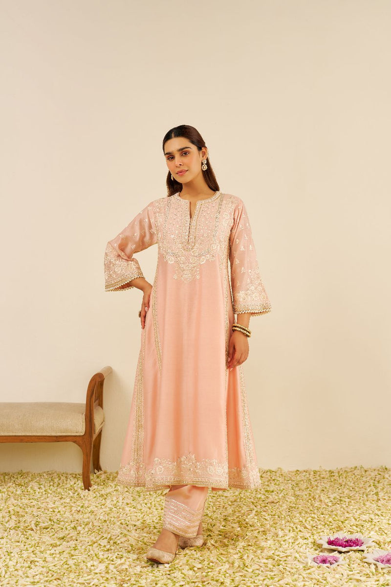Maaroofa - Long Chauga With Salwar-Off Rose silk by SHEETAL BATRA in pink color for women Worldwide