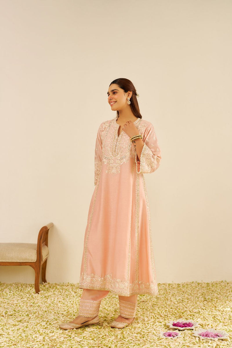 Maaroofa - Long Chauga With Salwar-Off Rose silk by SHEETAL BATRA in pink color for women Worldwide