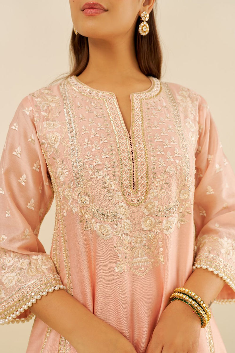 Maaroofa - Long Chauga With Salwar-Off Rose silk by SHEETAL BATRA in pink color for women Worldwide