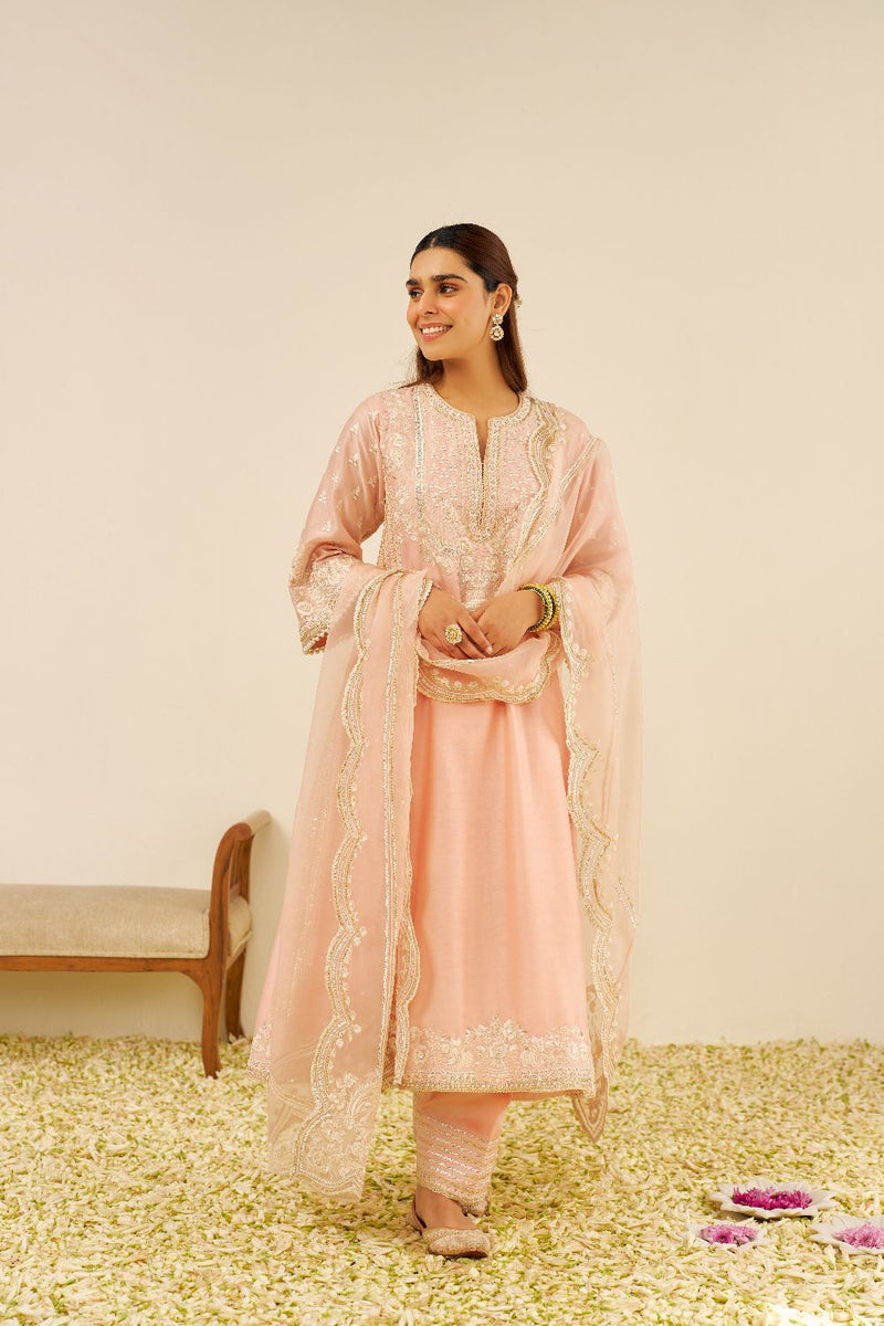 Maaroofa - Long Chauga With Salwar-Off Rose silk by SHEETAL BATRA in pink color for women Worldwide