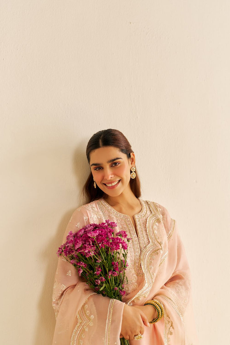 Maaroofa - Long Chauga With Salwar-Off Rose silk by SHEETAL BATRA in pink color for women Worldwide