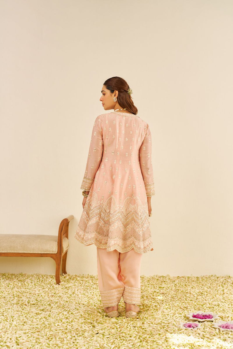 Meeram - Short Anarkali With Salwar And Dupatta-Off Rose silk by SHEETAL BATRA in pink color for women Worldwide
