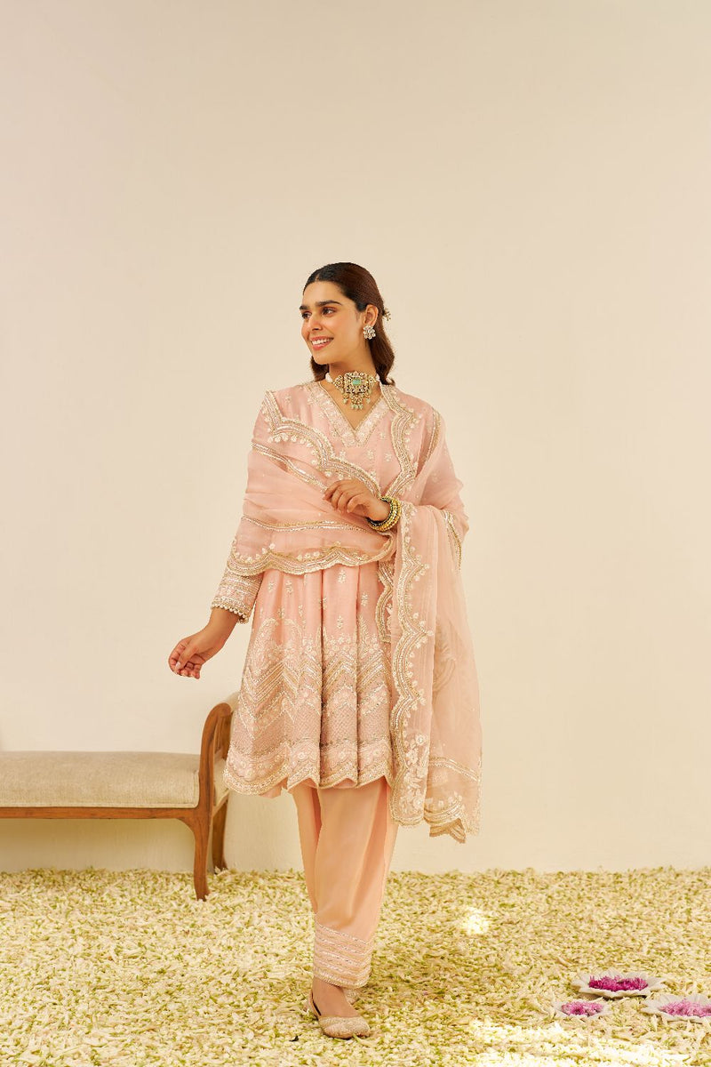 Meeram - Short Anarkali With Salwar And Dupatta-Off Rose silk by SHEETAL BATRA in pink color for women Worldwide