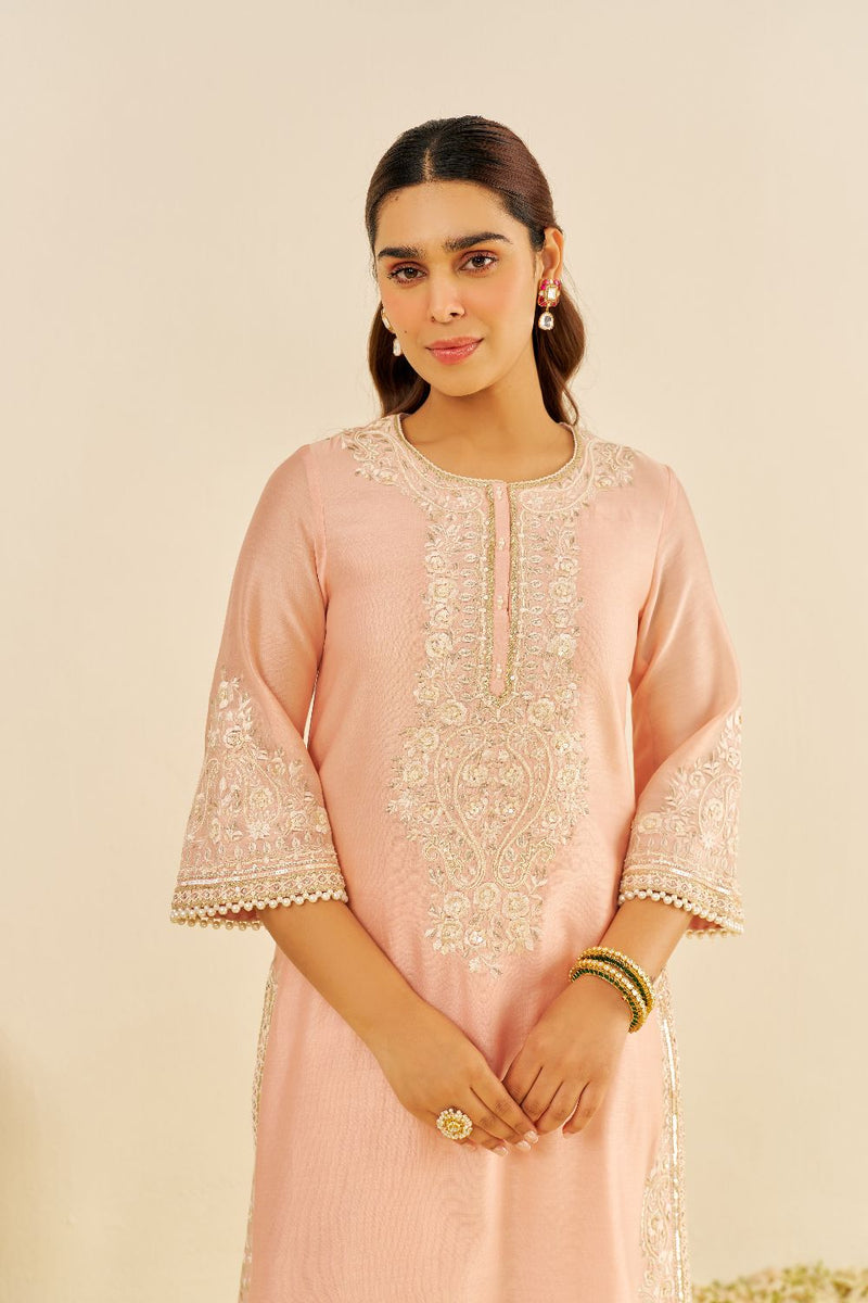 Sereen - A-Line Kurta With Palazzo And Dupatta-Off Rose silk by SHEETAL BATRA in pink color for women Worldwide