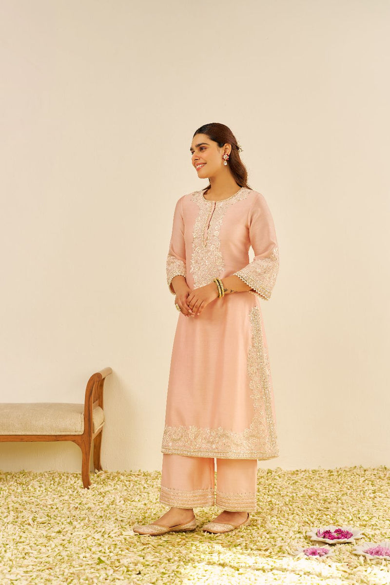 Sereen - A-Line Kurta With Palazzo And Dupatta-Off Rose silk by SHEETAL BATRA in pink color for women Worldwide