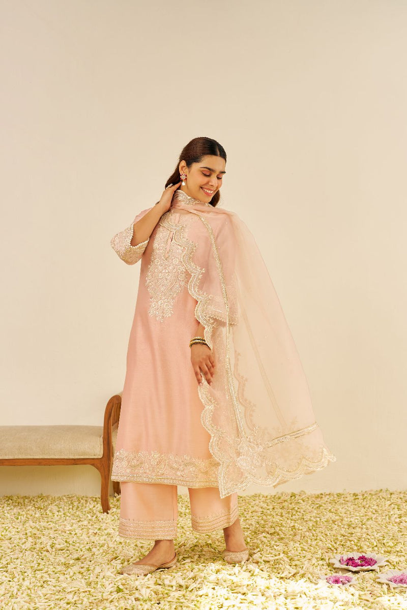 Sereen - A-Line Kurta With Palazzo And Dupatta-Off Rose silk by SHEETAL BATRA in pink color for women Worldwide