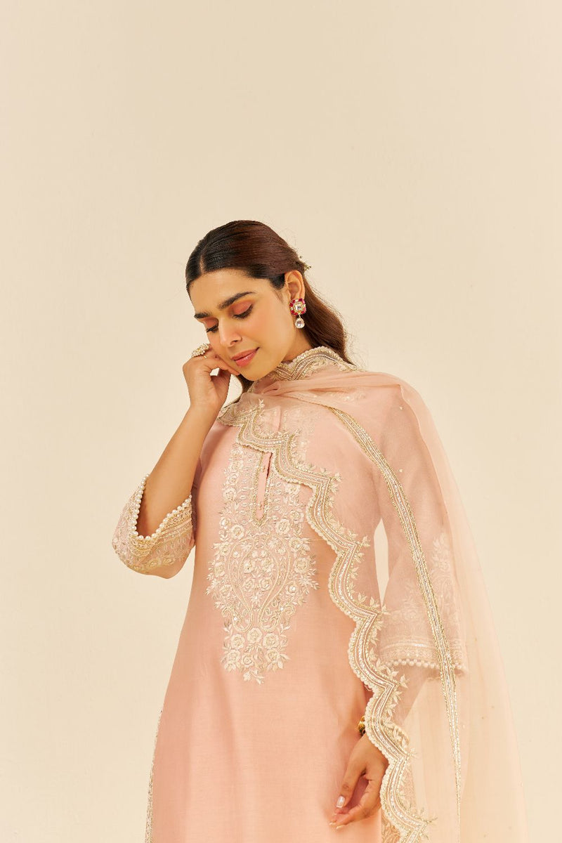 Sereen - A-Line Kurta With Palazzo And Dupatta-Off Rose silk by SHEETAL BATRA in pink color for women Worldwide