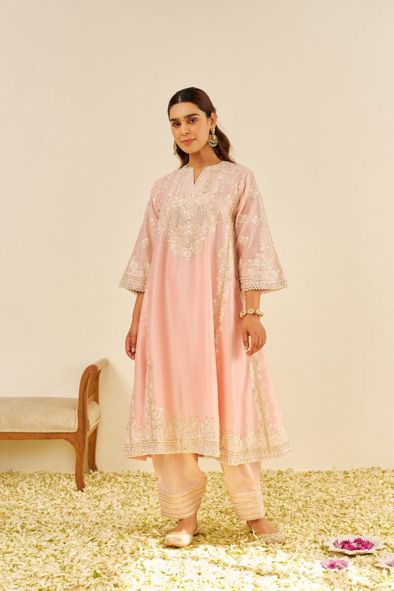 Maziya - Long Chauga With Salwar And Dupatta-Blush Pink silk by SHEETAL BATRA in blush color for women Worldwide