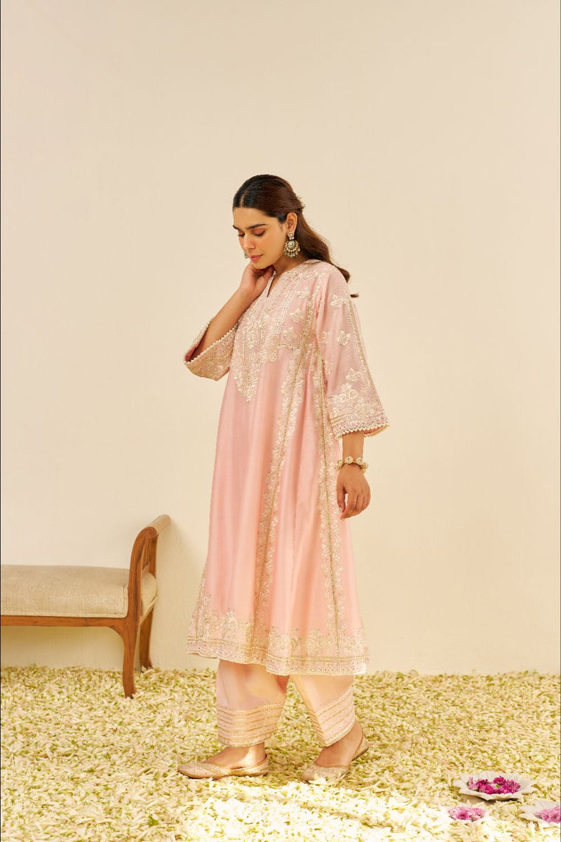 Maziya - Long Chauga With Salwar And Dupatta-Blush Pink silk by SHEETAL BATRA in blush color for women Worldwide