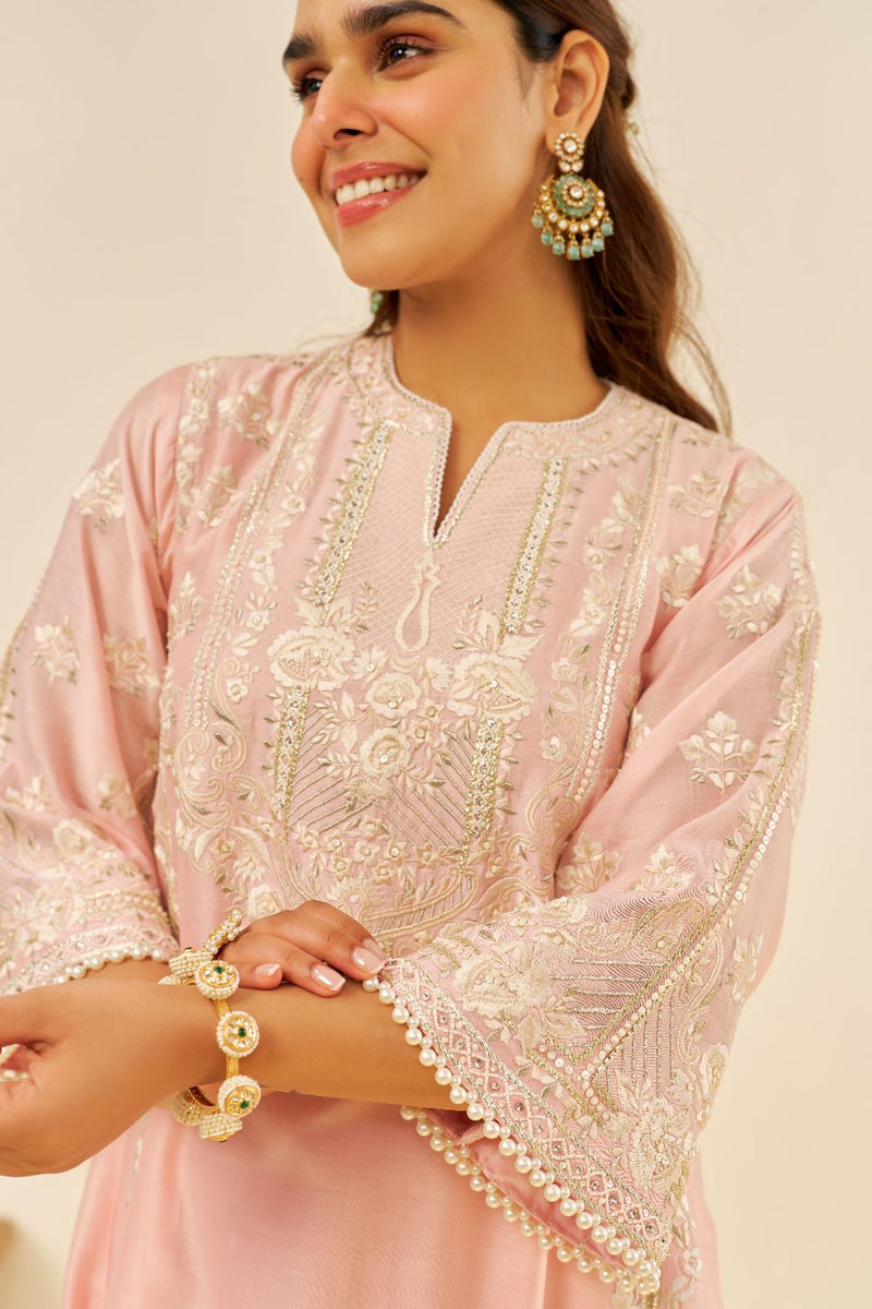 Maziya - Long Chauga With Salwar And Dupatta-Blush Pink silk by SHEETAL BATRA in blush color for women Worldwide