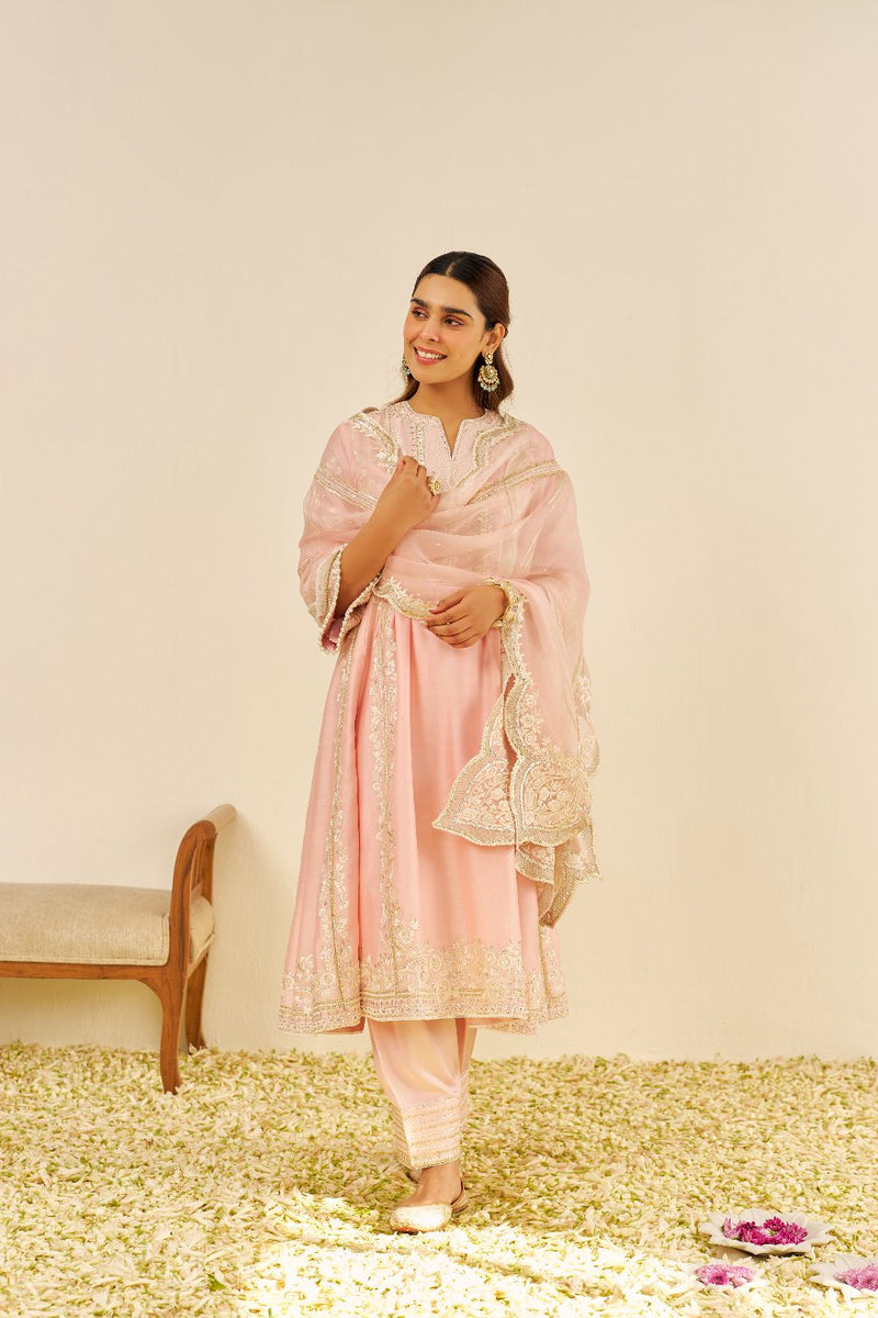 Maziya - Long Chauga With Salwar And Dupatta-Blush Pink silk by SHEETAL BATRA in blush color for women Worldwide