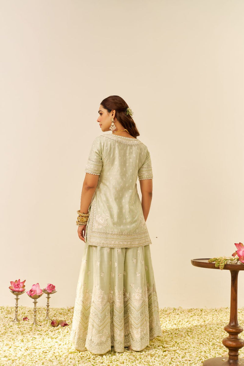 Sameeha - Short Kurta With Sharara And Dupatta-Mint Green silk by SHEETAL BATRA in mint color for women Worldwide