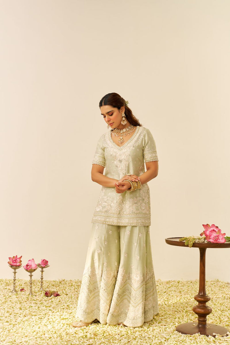 Sameeha - Short Kurta With Sharara And Dupatta-Mint Green silk by SHEETAL BATRA in mint color for women Worldwide