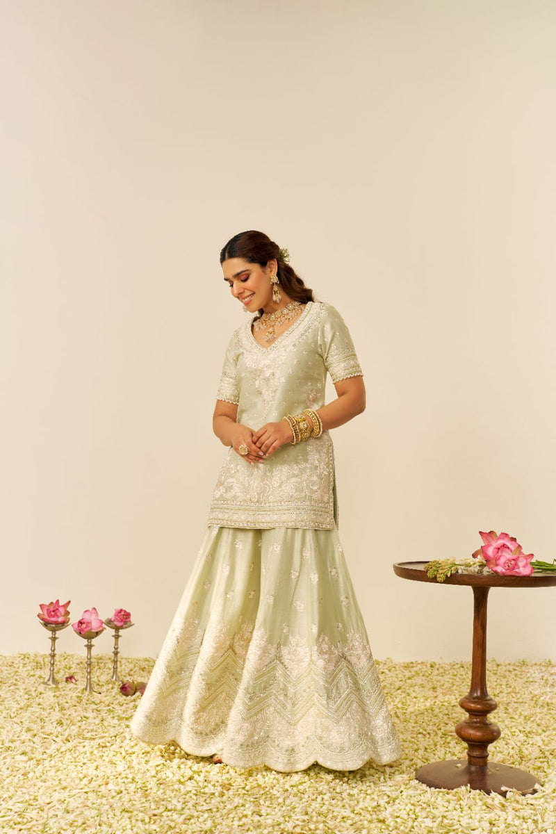 Sameeha - Short Kurta With Sharara And Dupatta-Mint Green silk by SHEETAL BATRA in mint color for women Worldwide
