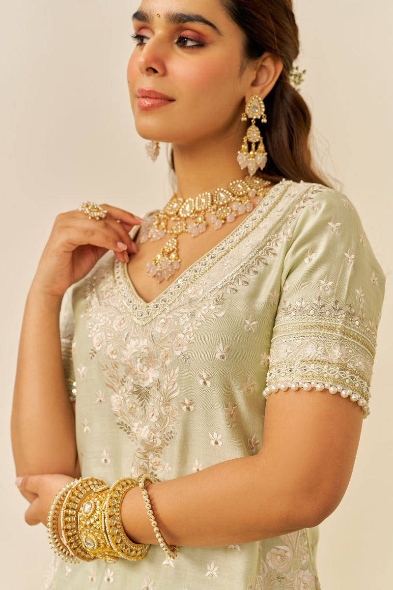 Sameeha - Short Kurta With Sharara And Dupatta-Mint Green silk by SHEETAL BATRA in mint color for women Worldwide