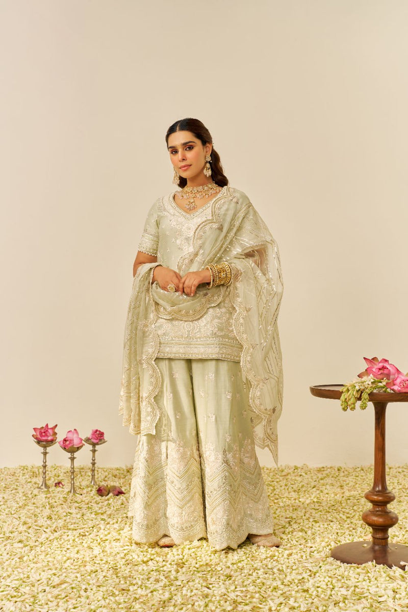 Sameeha - Short Kurta With Sharara And Dupatta-Mint Green silk by SHEETAL BATRA in mint color for women Worldwide