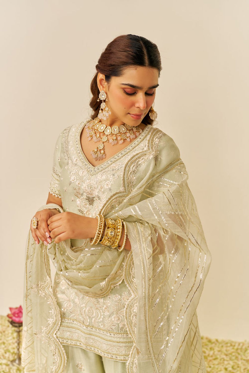 Sameeha - Short Kurta With Sharara And Dupatta-Mint Green silk by SHEETAL BATRA in mint color for women Worldwide