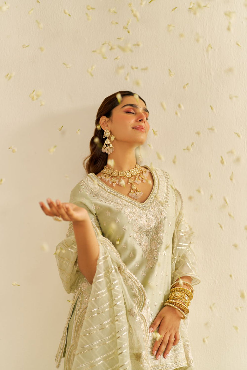 Sameeha - Short Kurta With Sharara And Dupatta-Mint Green silk by SHEETAL BATRA in mint color for women Worldwide