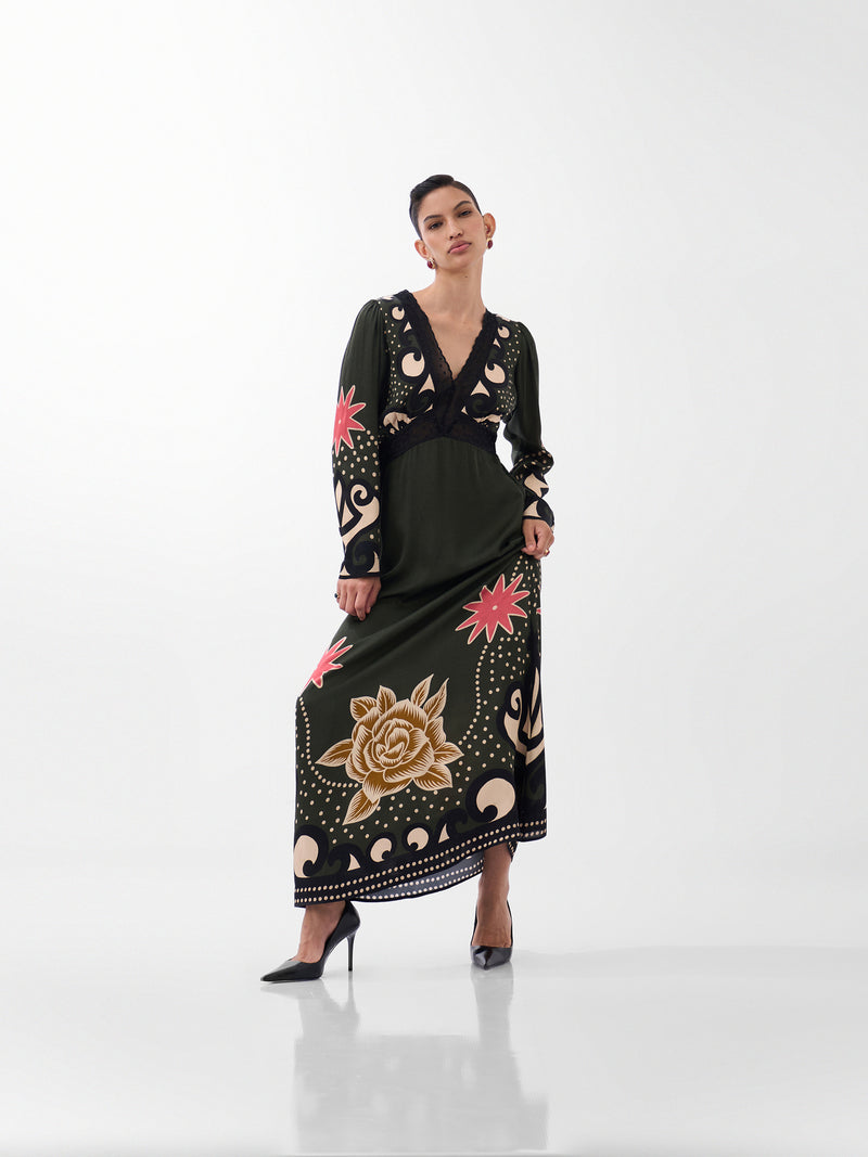 Aura Maxi-Old Rose viscose dress by NOIB in multi-color for women Worldwide