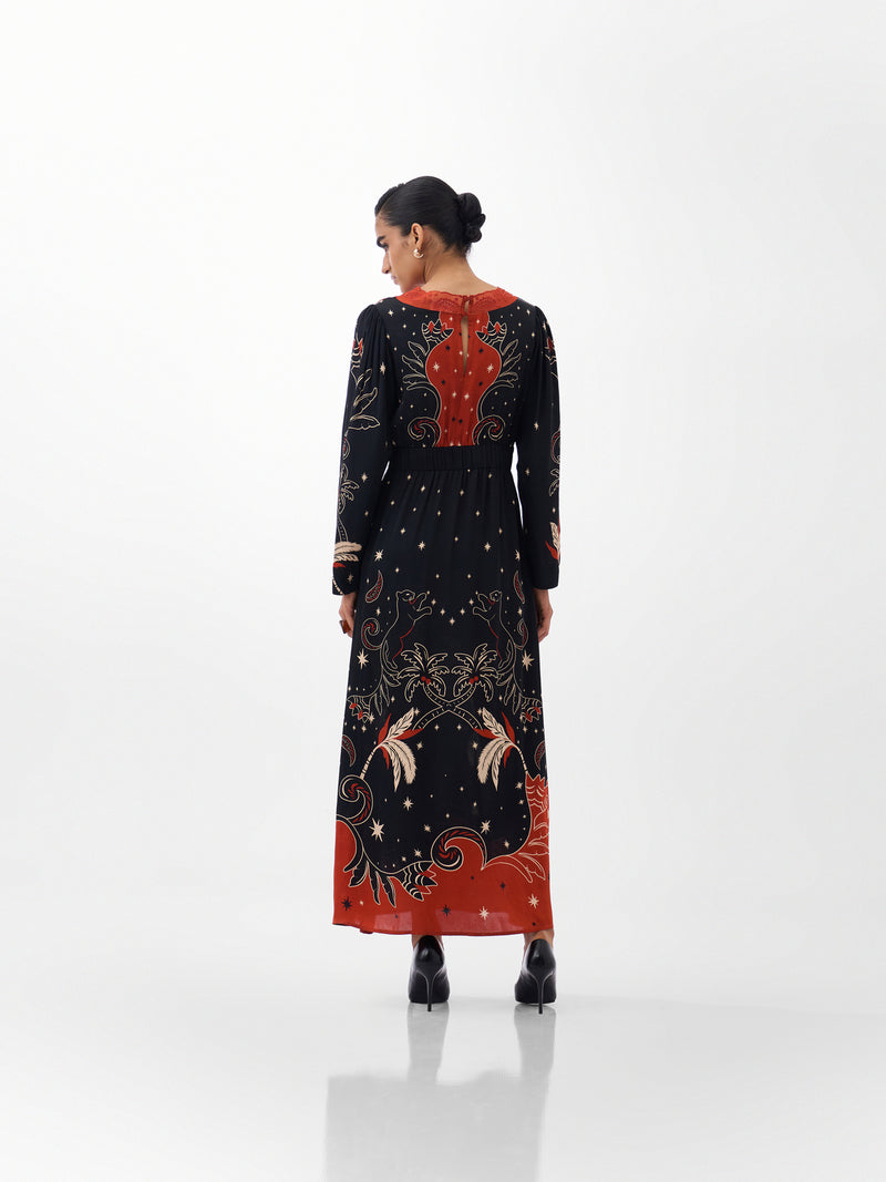 Aura Maxi-Nocturnal Jungle viscose dress by NOIB in multi-color for women Worldwide
