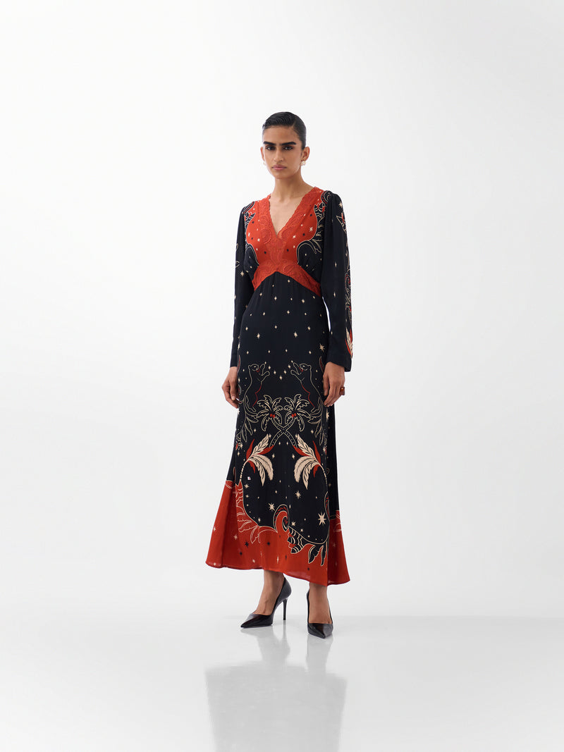 Aura Maxi-Nocturnal Jungle viscose dress by NOIB in multi-color for women Worldwide