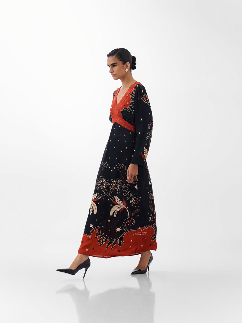 Aura Maxi-Nocturnal Jungle viscose dress by NOIB in multi-color for women Worldwide