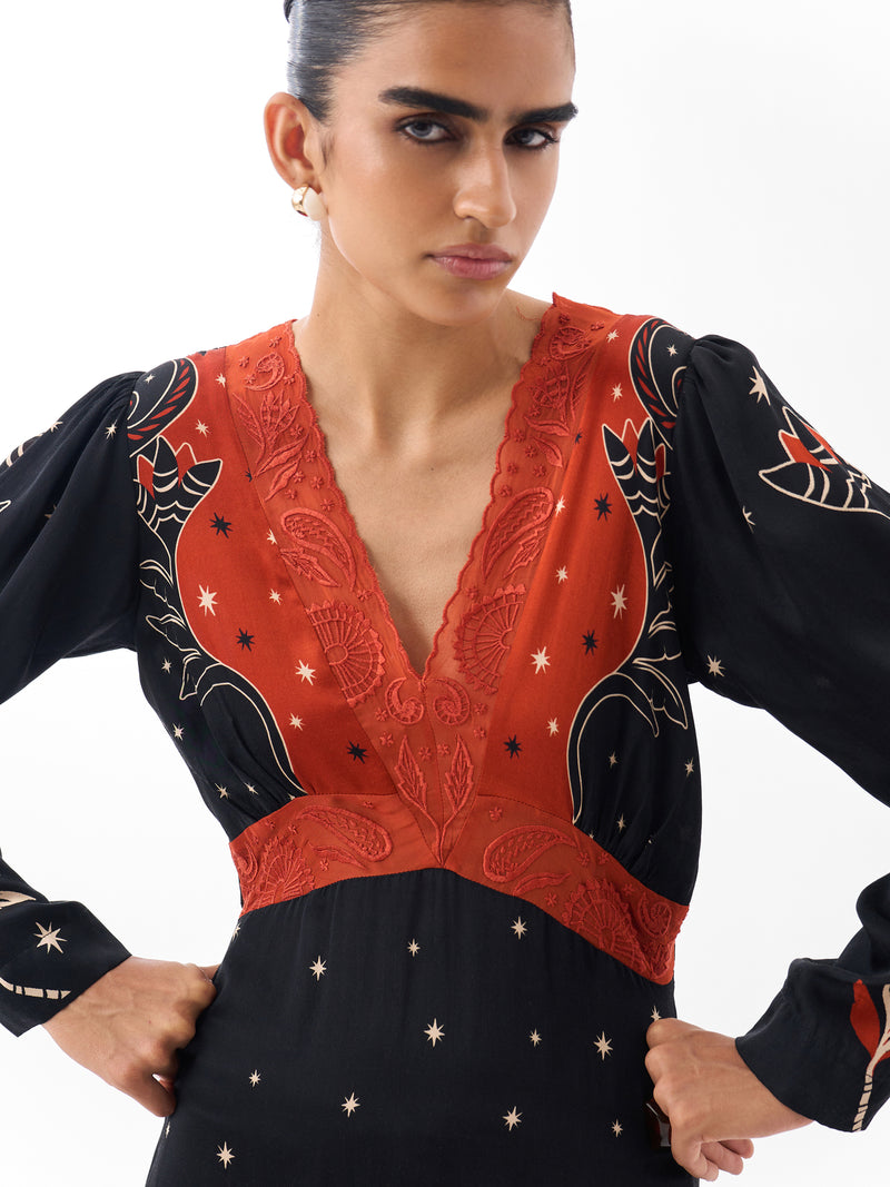 Aura Maxi-Nocturnal Jungle viscose dress by NOIB in multi-color for women Worldwide