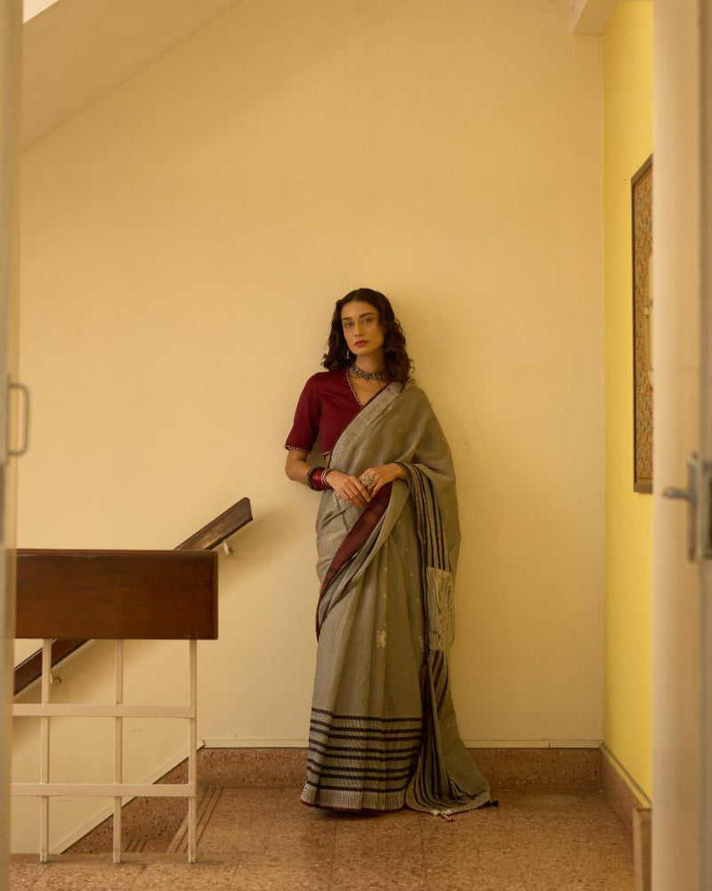 Sudha Sari silk cotton jamdani by SWATTI KAPOOR in white for women Worldwide