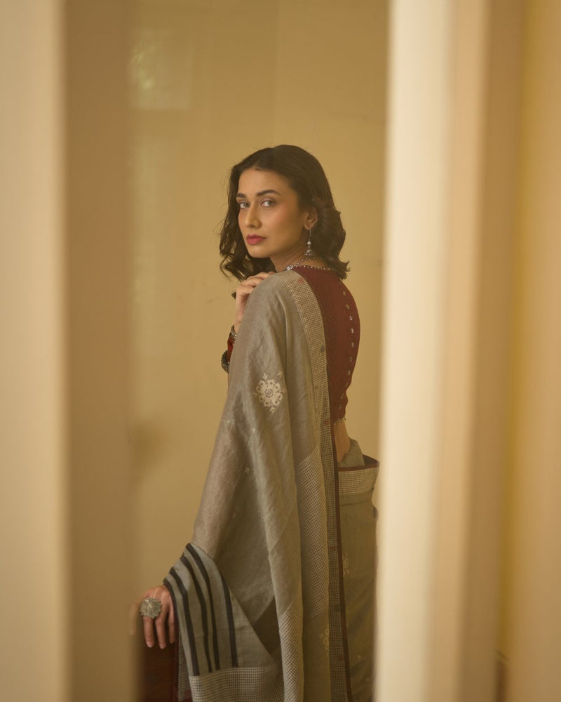 Sudha Sari silk cotton jamdani by SWATTI KAPOOR in white for women Worldwide
