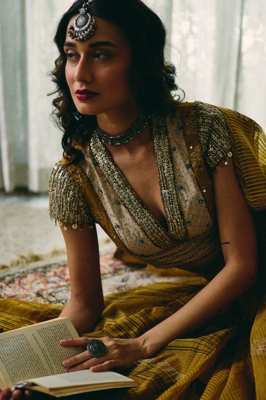 Avni Blouse chanderi blouse by SWATTI KAPOOR in yellow for women Worldwide