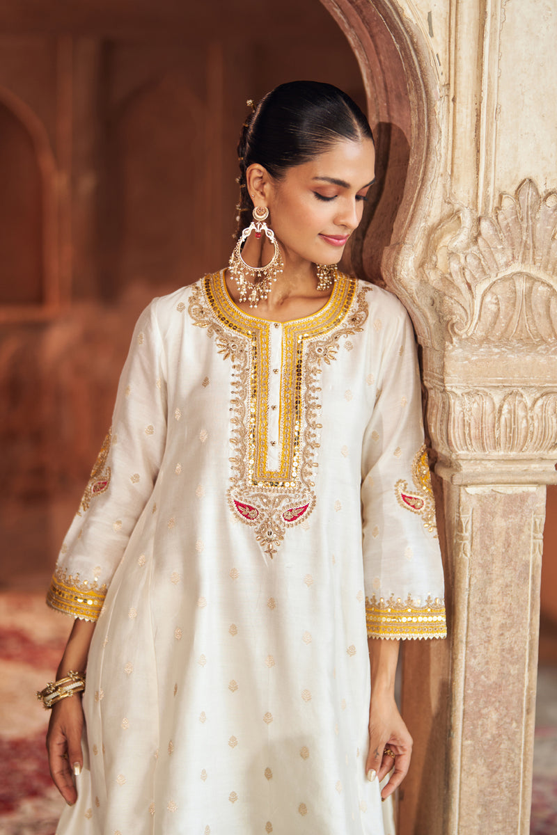 INAAYAT - DAISY IVORY CHAUGA WITH SALWAR chanderi silk kurta/kurta set by SHEETAL BATRA in ivory for women Worldwide