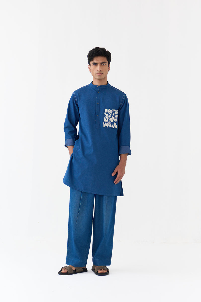 Emb. Patch Pocket Kurta denim kurta/kurta set by THREE Men in blue for men Worldwide