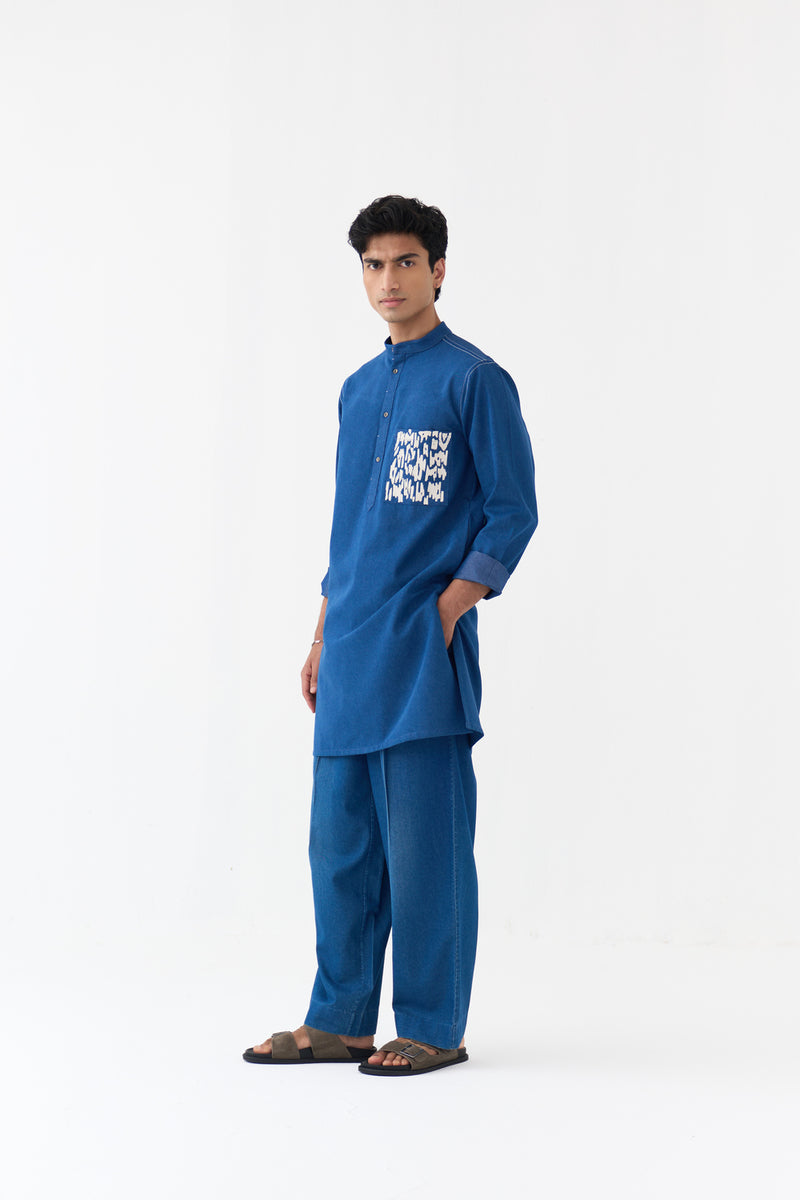 Emb. Patch Pocket Kurta denim kurta/kurta set by THREE Men in blue for men Worldwide
