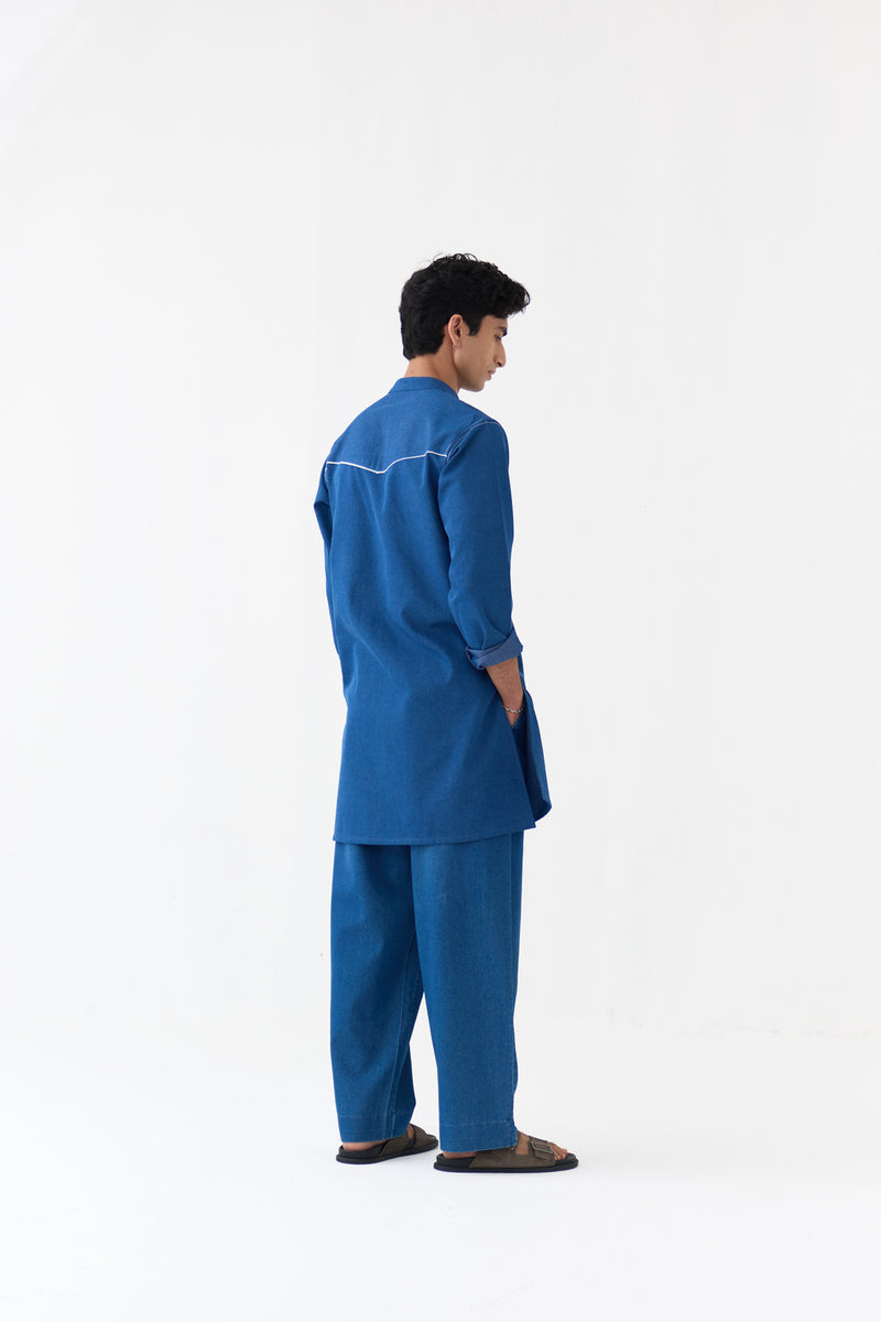 Emb. Patch Pocket Kurta denim kurta/kurta set by THREE Men in blue for men Worldwide