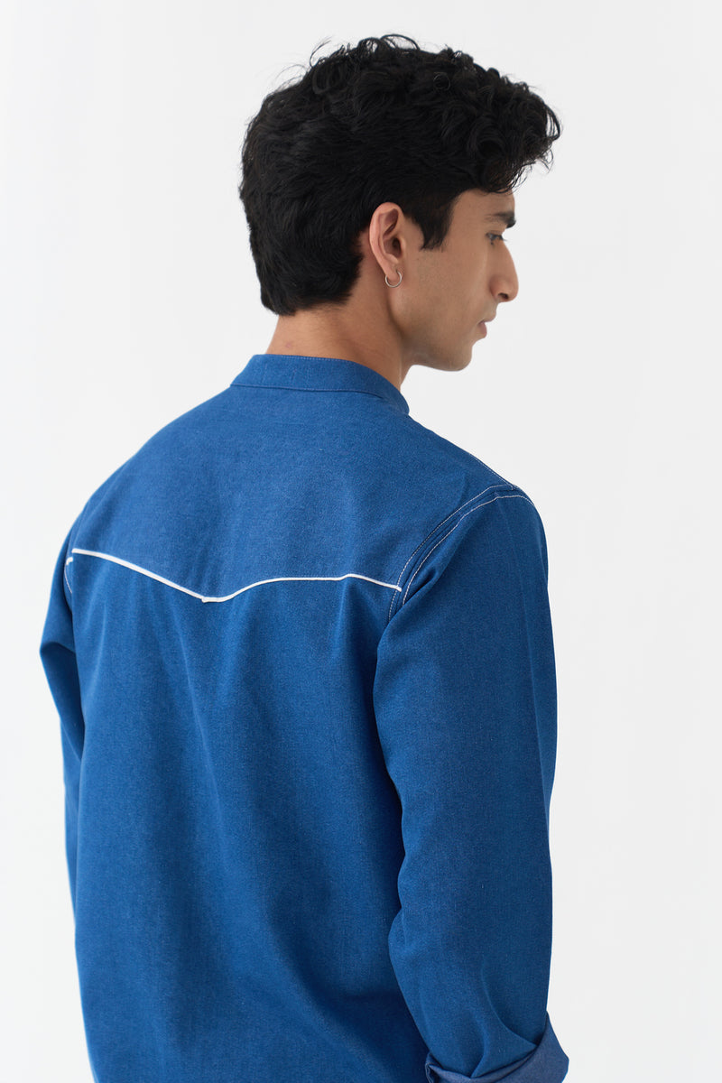 Emb. Patch Pocket Kurta Co-Ord denim co-ord set by THREE Men in blue,ivory for men Worldwide