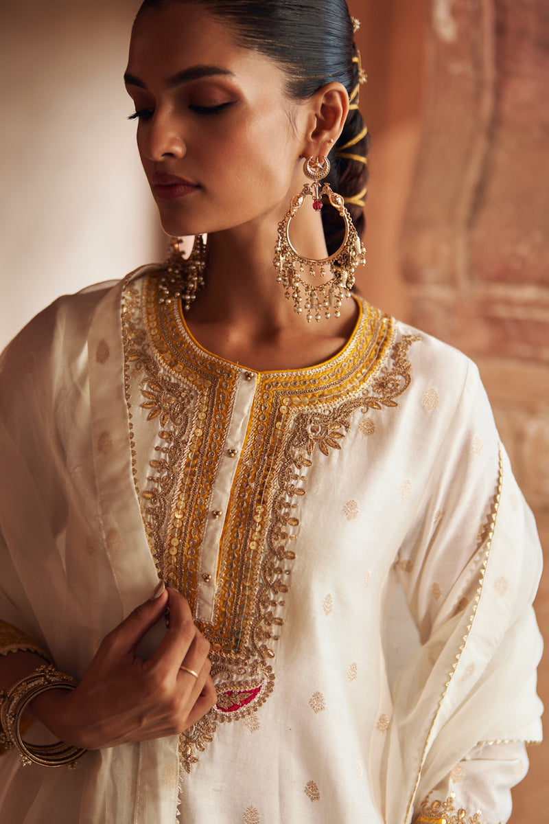 INAAYAT - DAISY IVORY CHAUGA WITH SALWAR chanderi silk kurta/kurta set by SHEETAL BATRA in ivory for women Worldwide