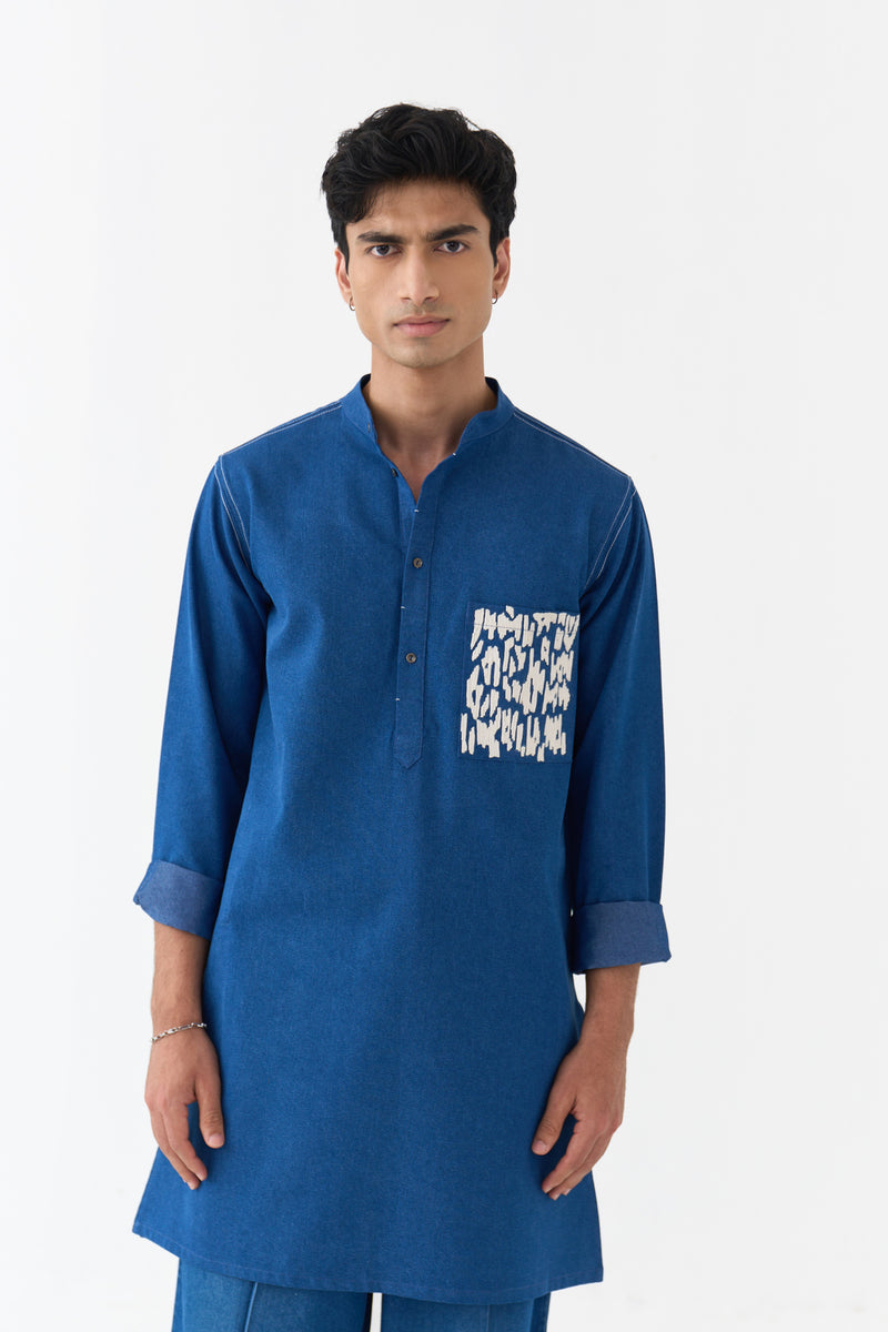 Emb. Patch Pocket Kurta denim kurta/kurta set by THREE Men in blue for men Worldwide