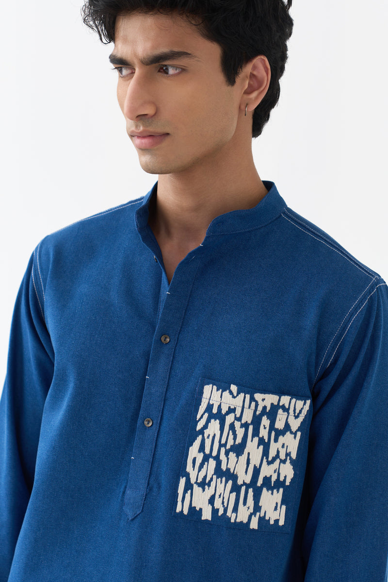 Emb. Patch Pocket Kurta denim kurta/kurta set by THREE Men in blue for men Worldwide