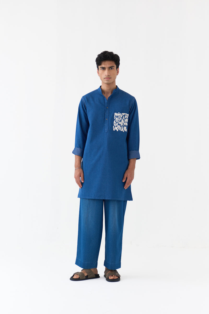 Emb. Patch Pocket Kurta Co-Ord denim co-ord set by THREE Men in blue,ivory for men Worldwide