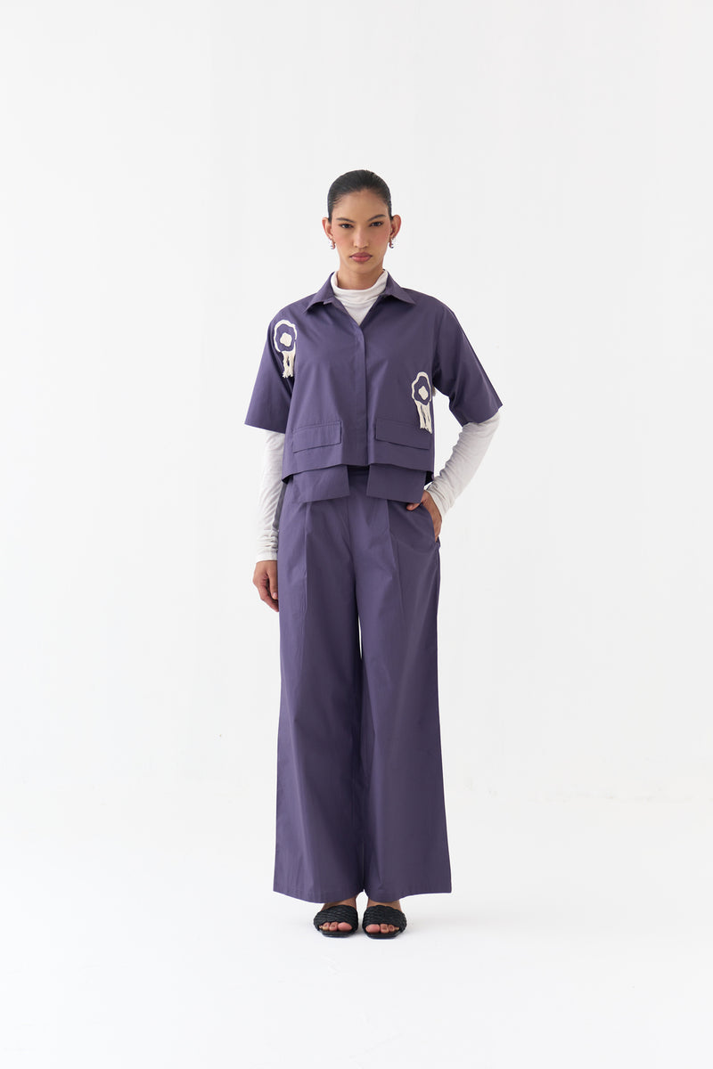Crop Fringe Top Co-Ord-Ash Violet poplin co-ord set by THREE in voilet for women Worldwide