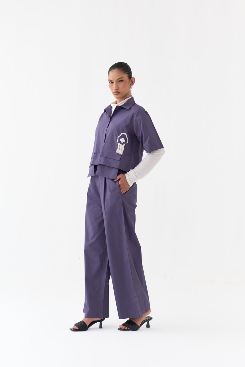 Crop Fringe Top Co-Ord-Ash Violet poplin co-ord set by THREE in voilet for women Worldwide
