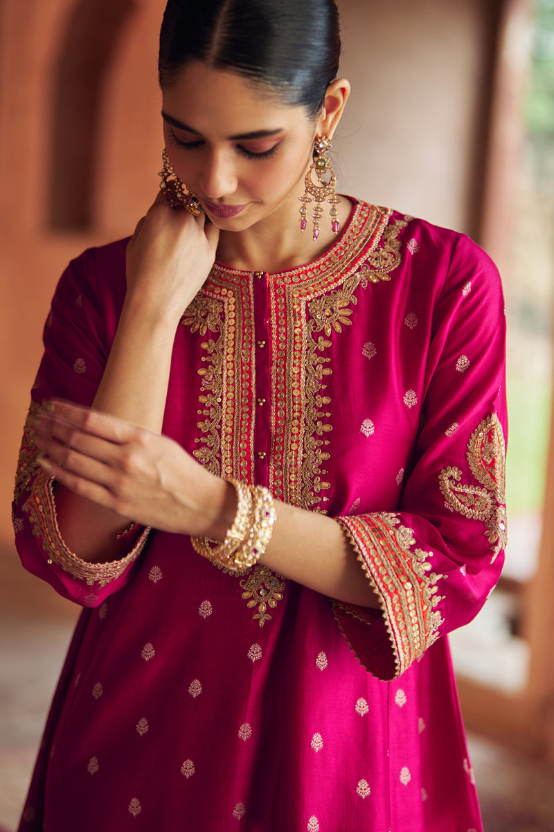 INAAYAT - HOTPINK CHAUGA WITH SALWAR chanderi silk kurta/kurta set by SHEETAL BATRA in pink for women Worldwide