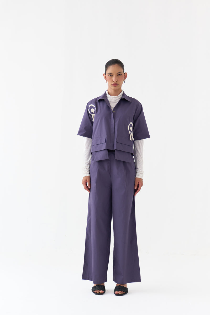 Crop Fringe Top Co-Ord-Ash Violet poplin co-ord set by THREE in voilet for women Worldwide
