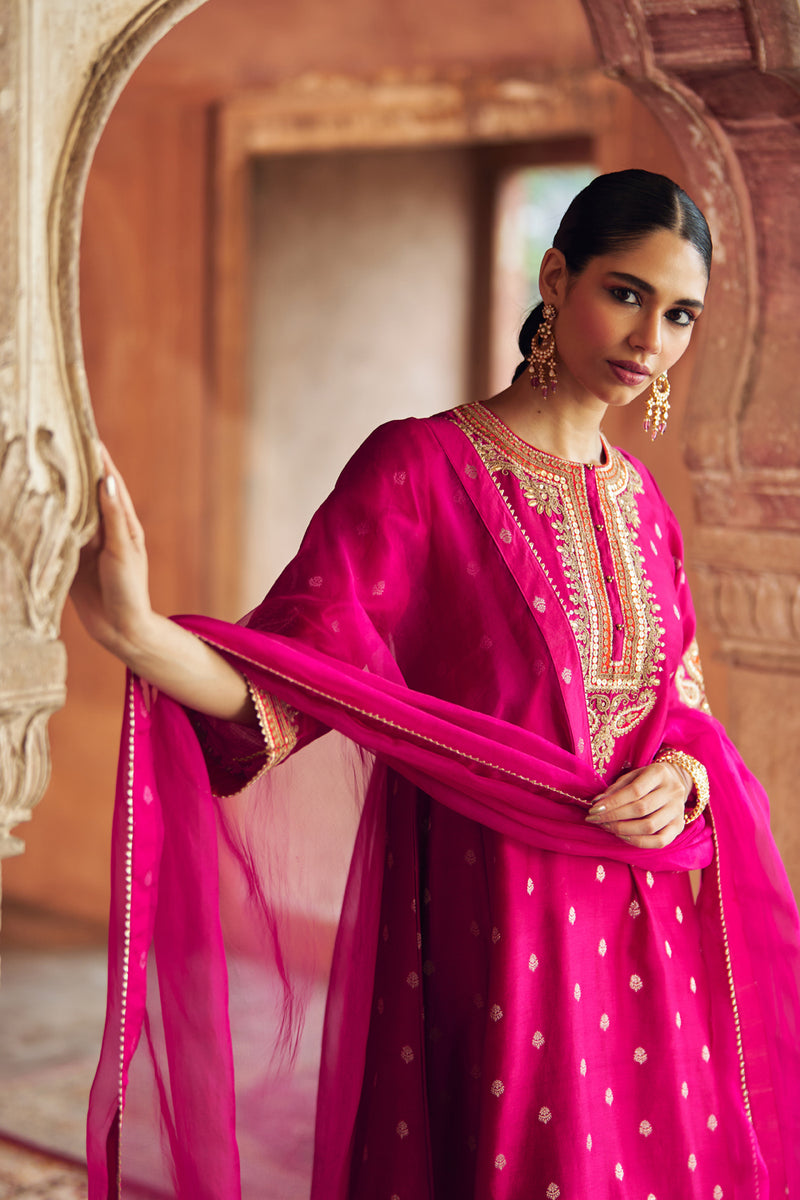 INAAYAT - HOTPINK CHAUGA WITH SALWAR chanderi silk kurta/kurta set by SHEETAL BATRA in pink for women Worldwide