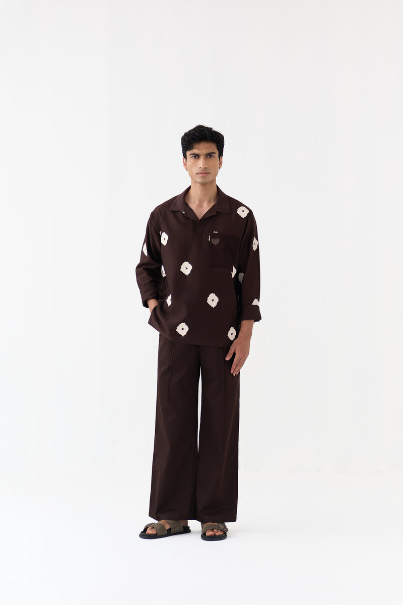 Block Print V-Neck Shirt chanderi shirt by THREE Men in dark brown for men Worldwide